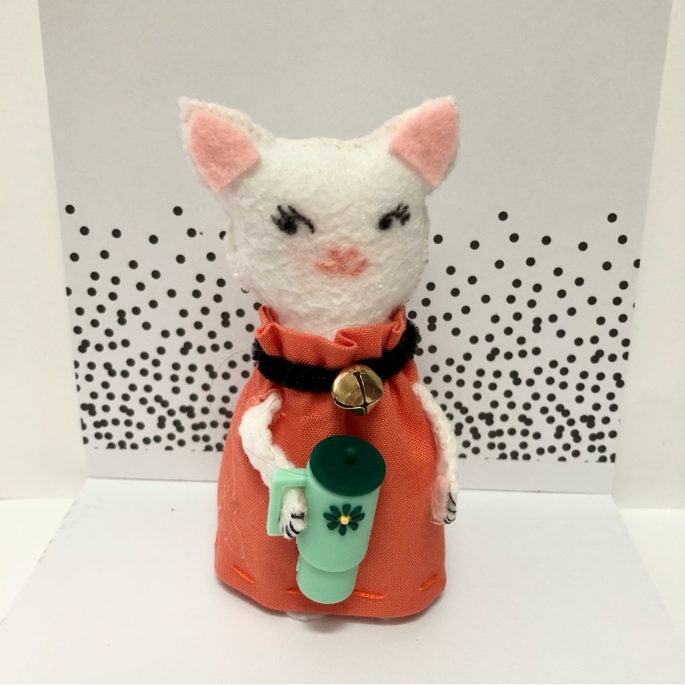 Ready for Fall Felt Cat Art Doll  holding a tumbler hand-sewn cake Topper meow